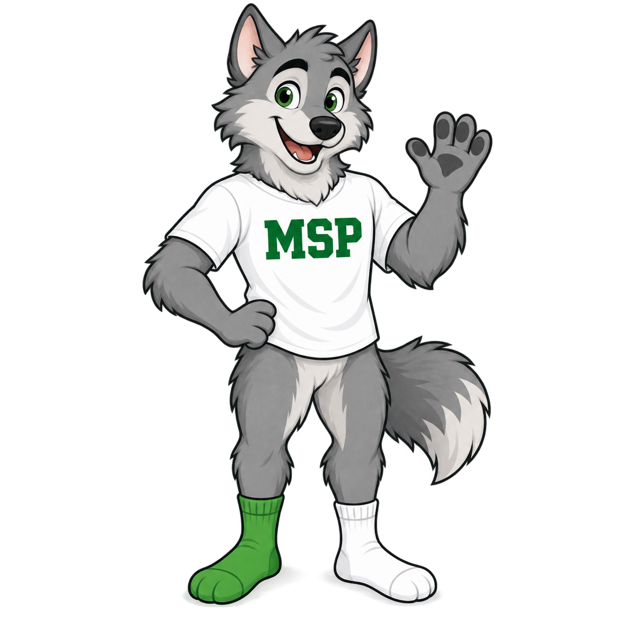 Gray wolf wearing a white MSP shirt, one green sock and one white sock